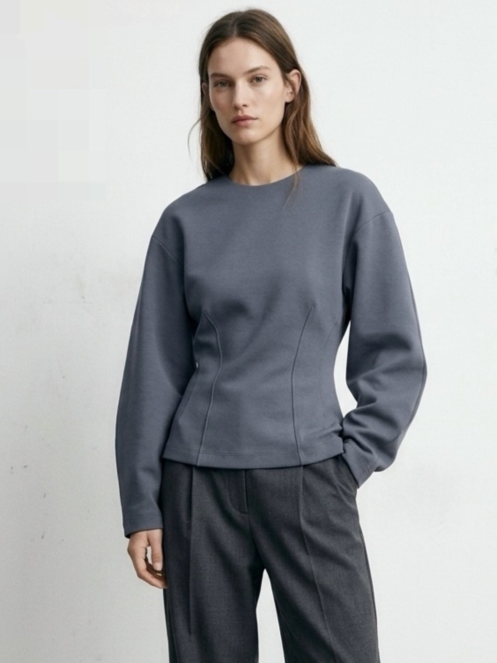 Zara Structured Crewneck Ponte Sweatshirt Grey Size Small